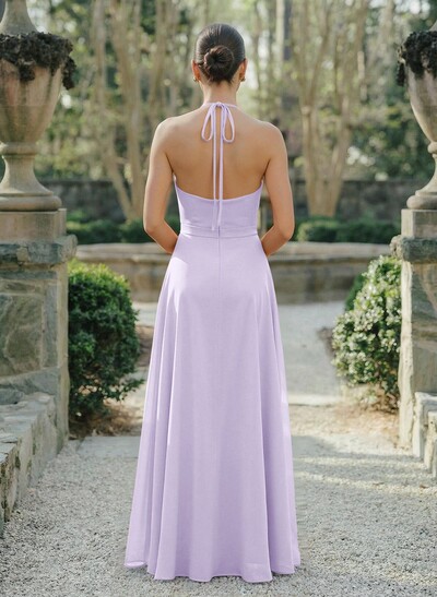 A-Line Halter Sleeveless Floor-Length Chiffon Bridesmaid Dresses With Flower(s)/High Split