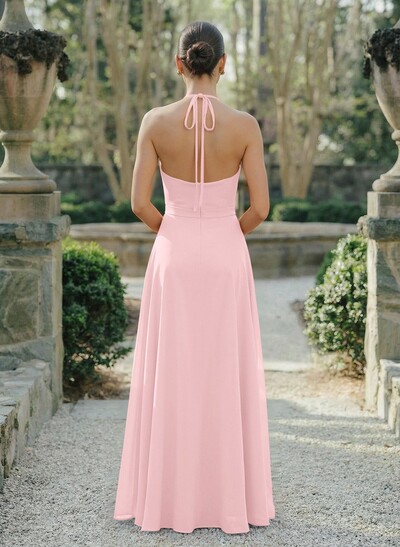 A-Line Halter Sleeveless Floor-Length Chiffon Bridesmaid Dresses With Flower(s)/High Split