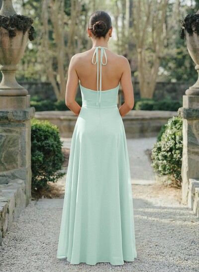 A-Line Halter Sleeveless Floor-Length Chiffon Bridesmaid Dresses With Flower(s)/High Split