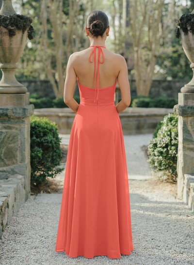 A-Line Halter Sleeveless Floor-Length Chiffon Bridesmaid Dresses With Flower(s)/High Split
