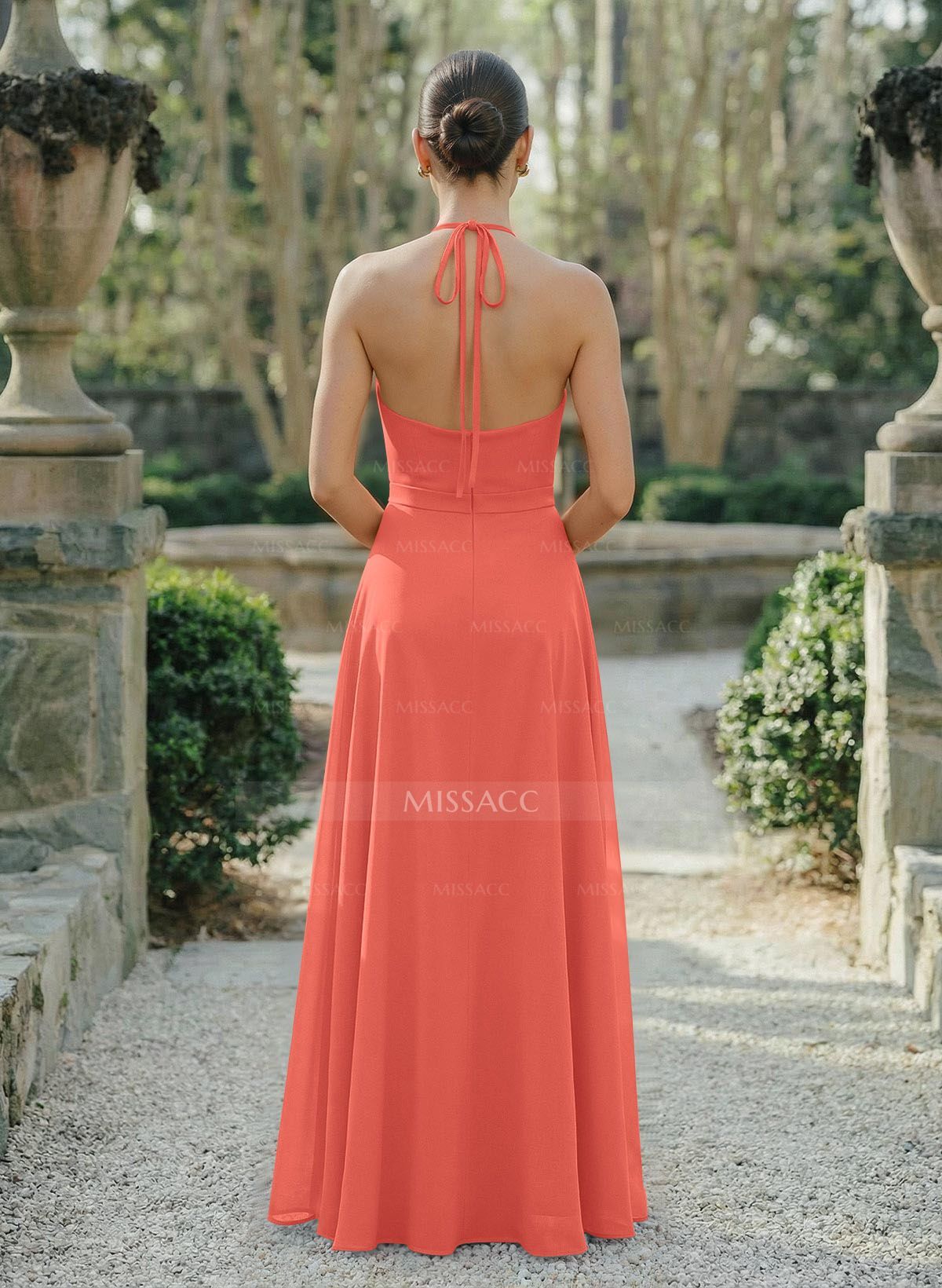 A-Line Halter Sleeveless Floor-Length Chiffon Bridesmaid Dresses With Flower(s)/High Split