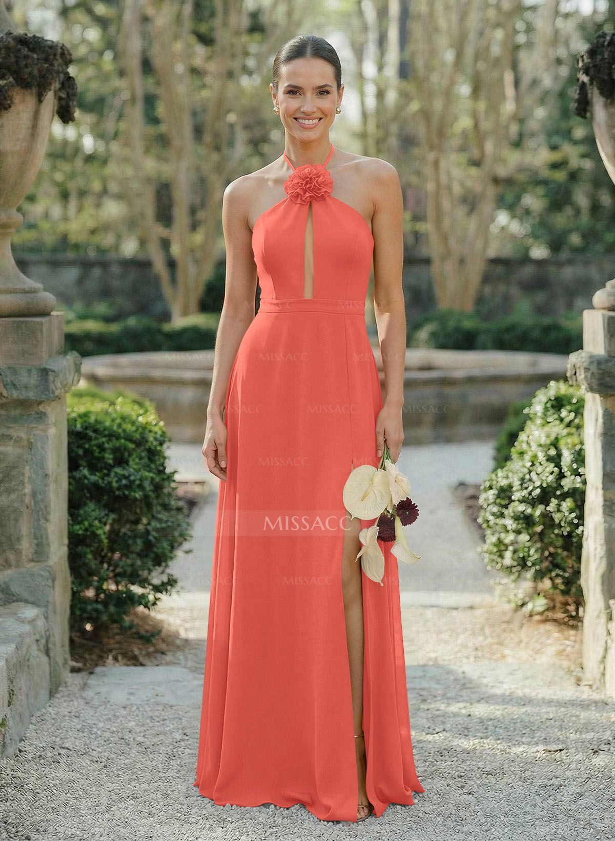 A-Line Halter Sleeveless Floor-Length Chiffon Bridesmaid Dresses With Flower(s)/High Split