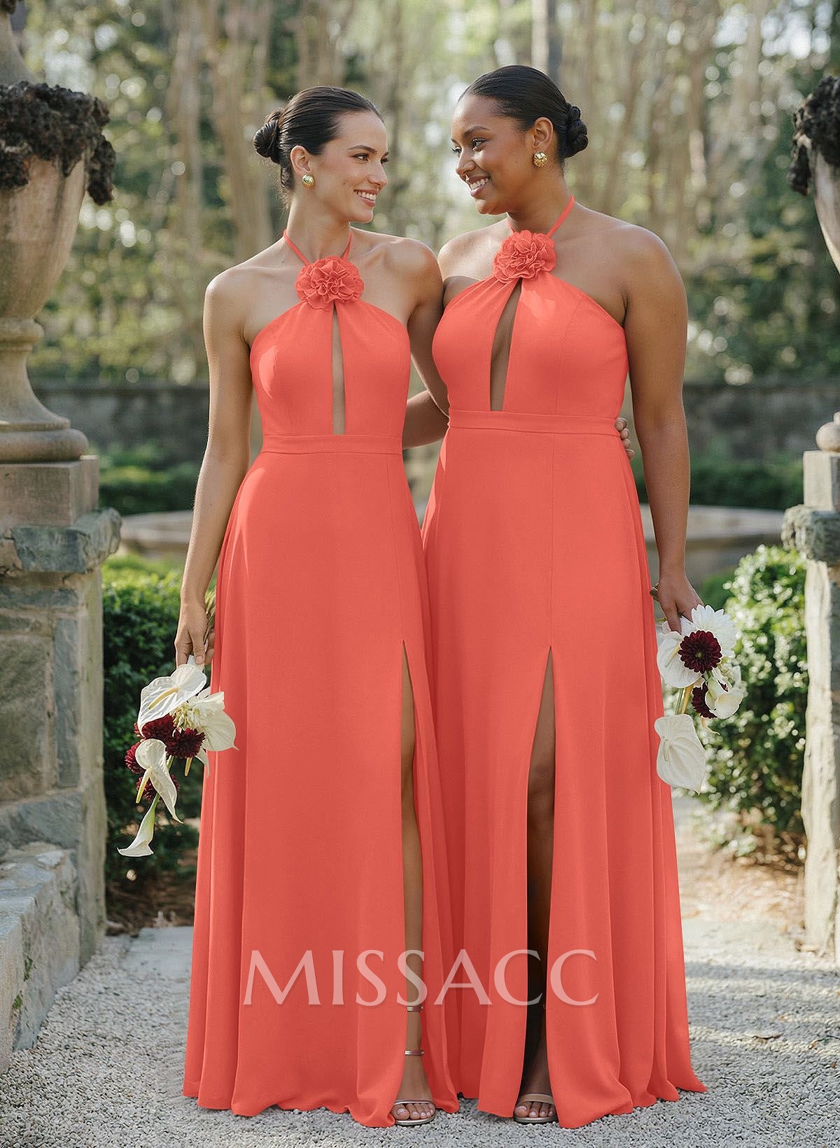 A-Line Halter Sleeveless Floor-Length Chiffon Bridesmaid Dresses With Flower(s)/High Split