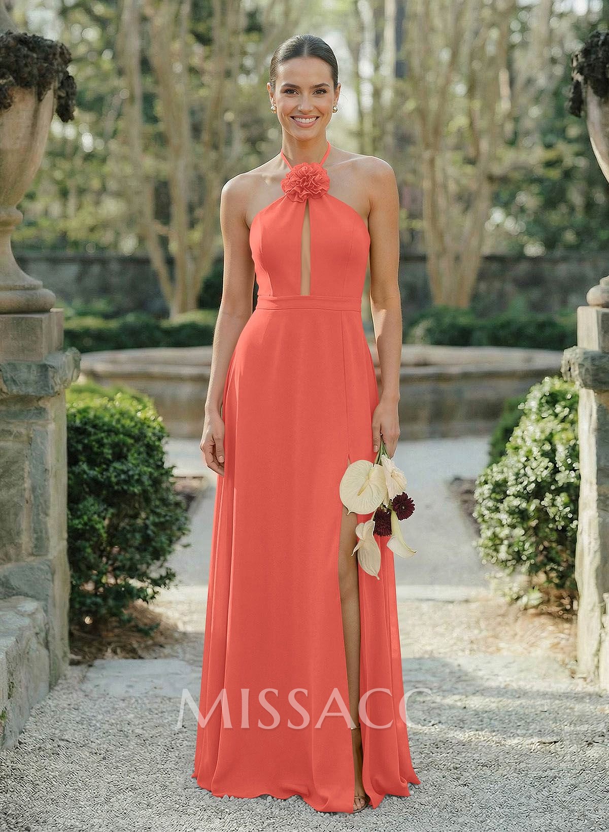 A-Line Halter Sleeveless Floor-Length Chiffon Bridesmaid Dresses With Flower(s)/High Split