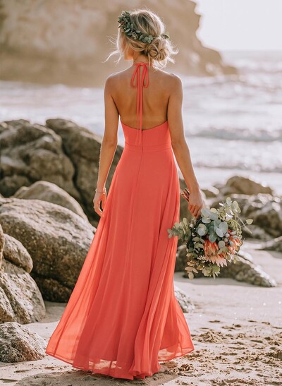 A-Line Halter Sleeveless Floor-Length Chiffon Bridesmaid Dresses With Flower(s)/High Split