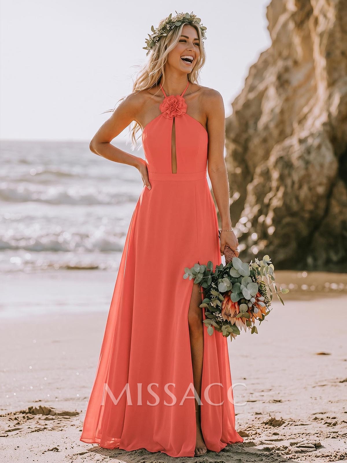 A-Line Halter Sleeveless Floor-Length Chiffon Bridesmaid Dresses With Flower(s)/High Split