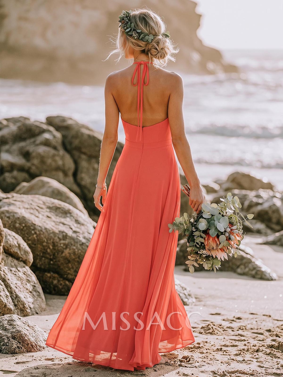 A-Line Halter Sleeveless Floor-Length Chiffon Bridesmaid Dresses With Flower(s)/High Split
