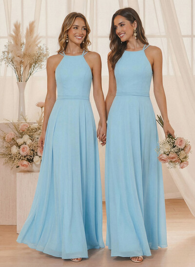 A-Line Halter Sleeveless Floor-Length Chiffon(Non-Stretch) BRIDESMAID With
