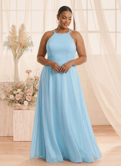 A-Line Halter Sleeveless Floor-Length Chiffon(Non-Stretch) BRIDESMAID With