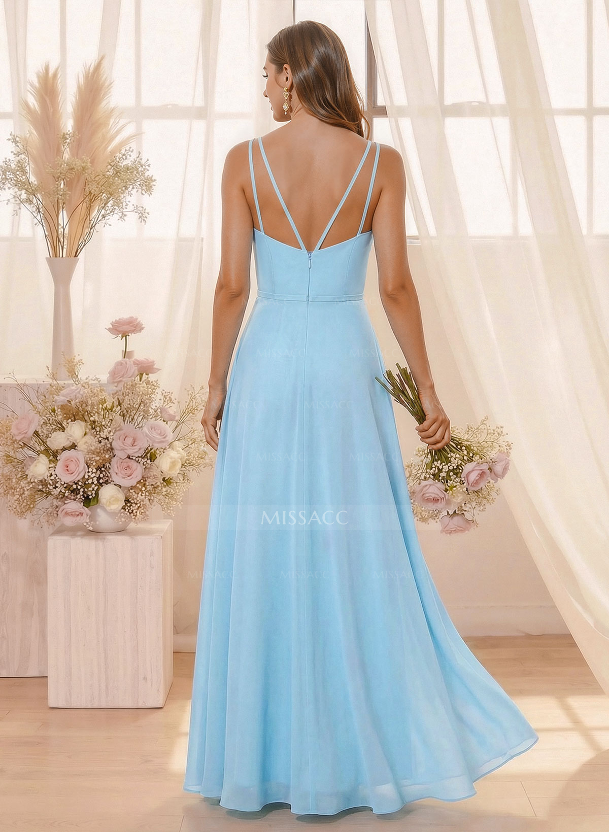 A-Line Halter Sleeveless Floor-Length Chiffon(Non-Stretch) BRIDESMAID With