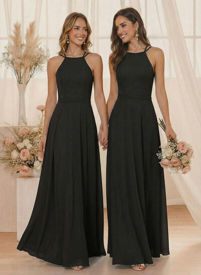 A-Line Halter Sleeveless Floor-Length Chiffon(Non-Stretch) BRIDESMAID With