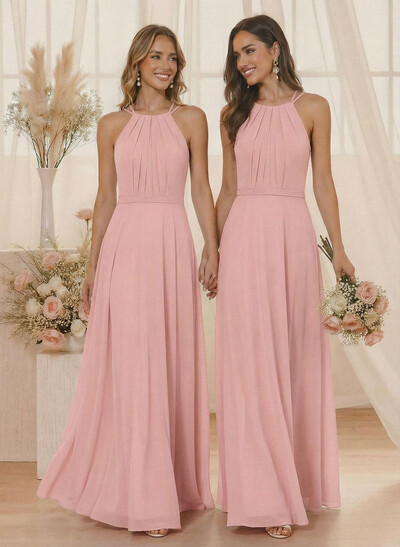 A-Line Halter Sleeveless Floor-Length Chiffon(Non-Stretch) BRIDESMAID With