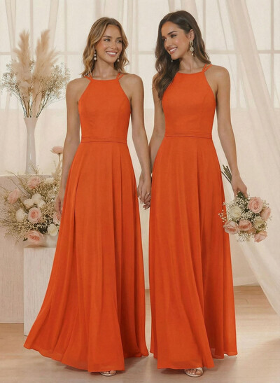 A-Line Halter Sleeveless Floor-Length Chiffon(Non-Stretch) BRIDESMAID With