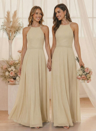 A-Line Halter Sleeveless Floor-Length Chiffon(Non-Stretch) BRIDESMAID With