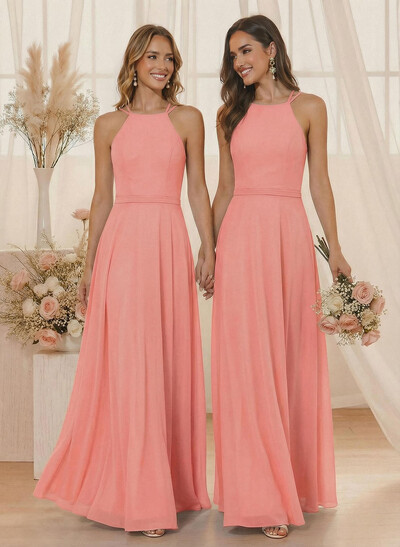 A-Line Halter Sleeveless Floor-Length Chiffon(Non-Stretch) BRIDESMAID With
