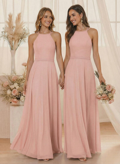 A-Line Halter Sleeveless Floor-Length Chiffon(Non-Stretch) BRIDESMAID With