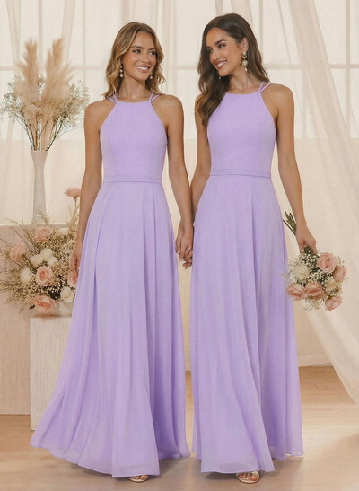 A-Line Halter Sleeveless Floor-Length Chiffon(Non-Stretch) BRIDESMAID With