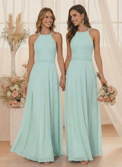 A-Line Halter Sleeveless Floor-Length Chiffon(Non-Stretch) BRIDESMAID With