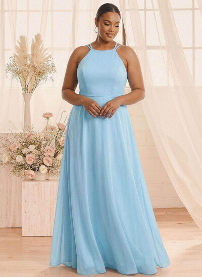 A-Line Halter Sleeveless Floor-Length Chiffon(Non-Stretch) BRIDESMAID With