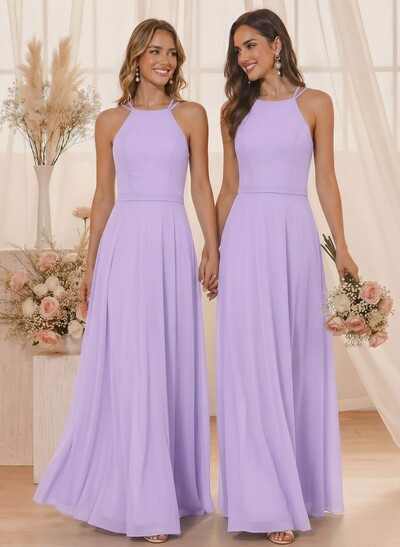 A-Line Halter Sleeveless Floor-Length Chiffon(Non-Stretch) BRIDESMAID With
