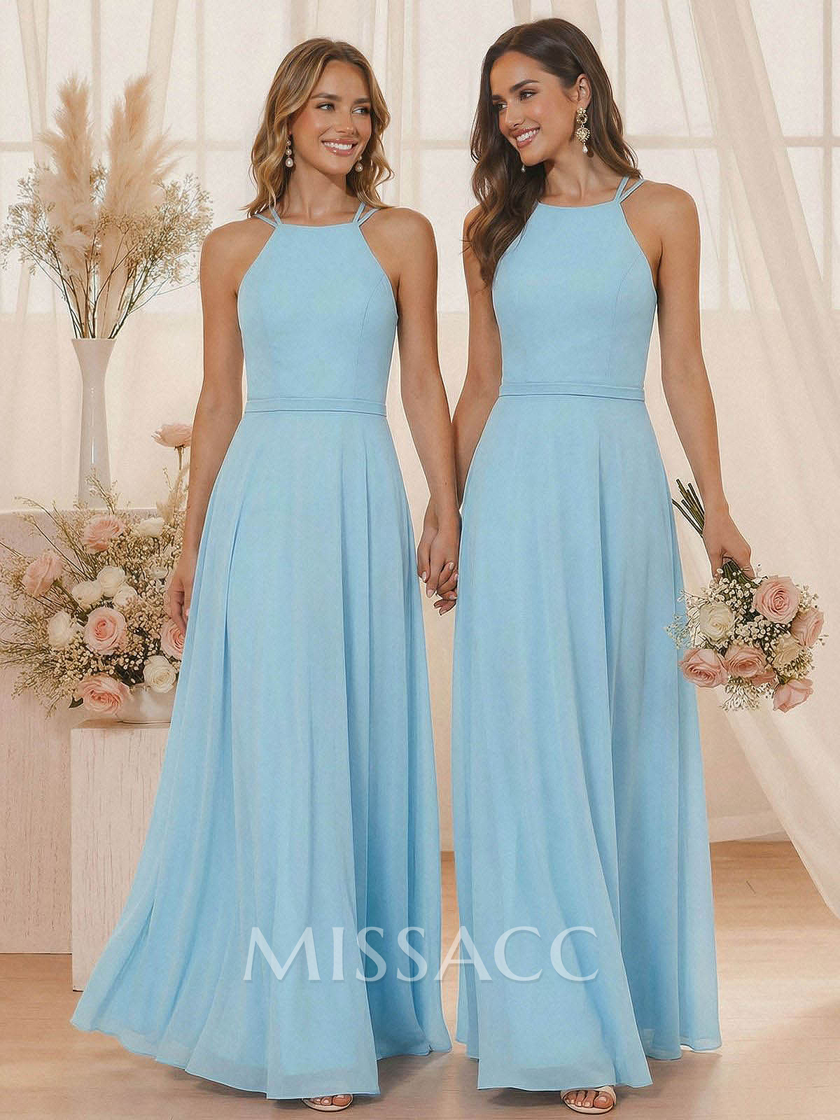 A-Line Halter Sleeveless Floor-Length Chiffon(Non-Stretch) BRIDESMAID With A-Line Halter Sleeveless Floor-Length Chiffon(Non-Stretch) BRIDESMAID With