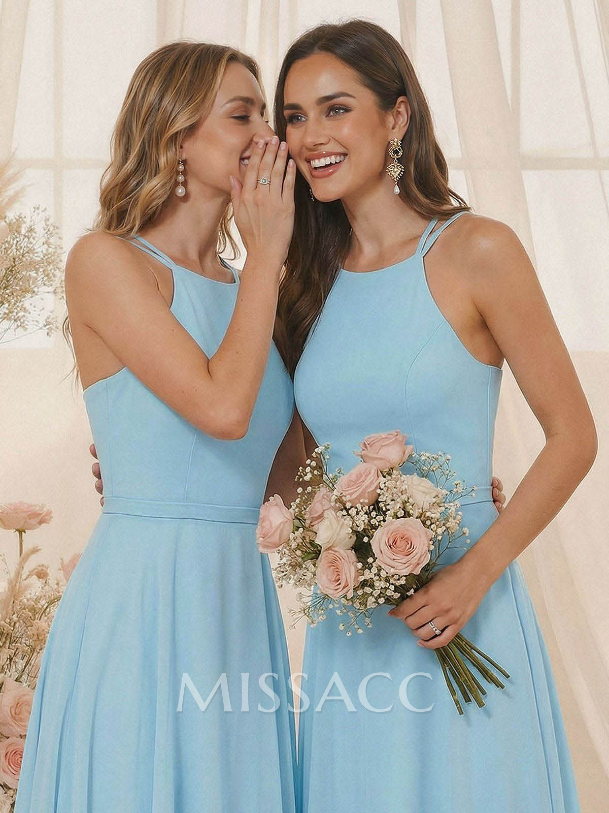 A-Line Halter Sleeveless Floor-Length Chiffon(Non-Stretch) BRIDESMAID With A-Line Halter Sleeveless Floor-Length Chiffon(Non-Stretch) BRIDESMAID With