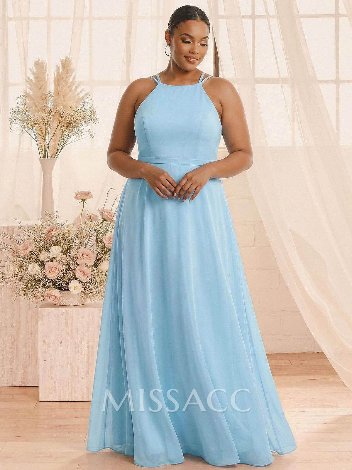 A-Line Halter Sleeveless Floor-Length Chiffon(Non-Stretch) BRIDESMAID With A-Line Halter Sleeveless Floor-Length Chiffon(Non-Stretch) BRIDESMAID With