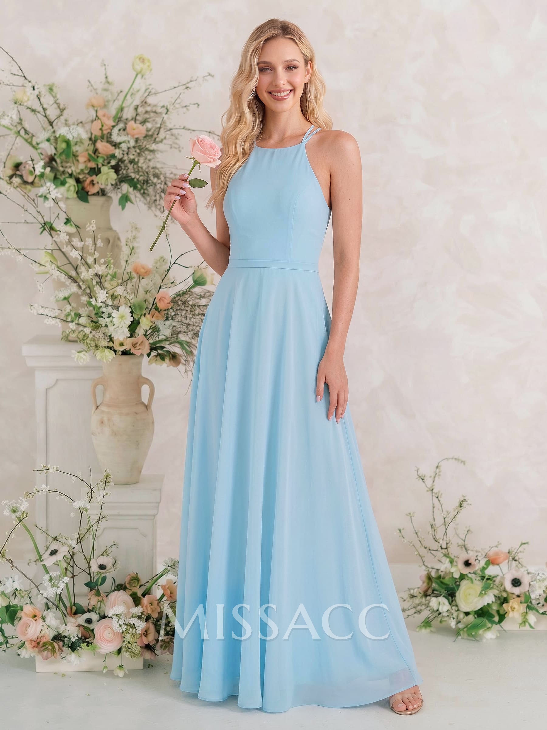 A-Line Halter Sleeveless Floor-Length Chiffon Bridesmaid Dresses A-Line Halter Sleeveless Floor-Length Chiffon Bridesmaid Dresses