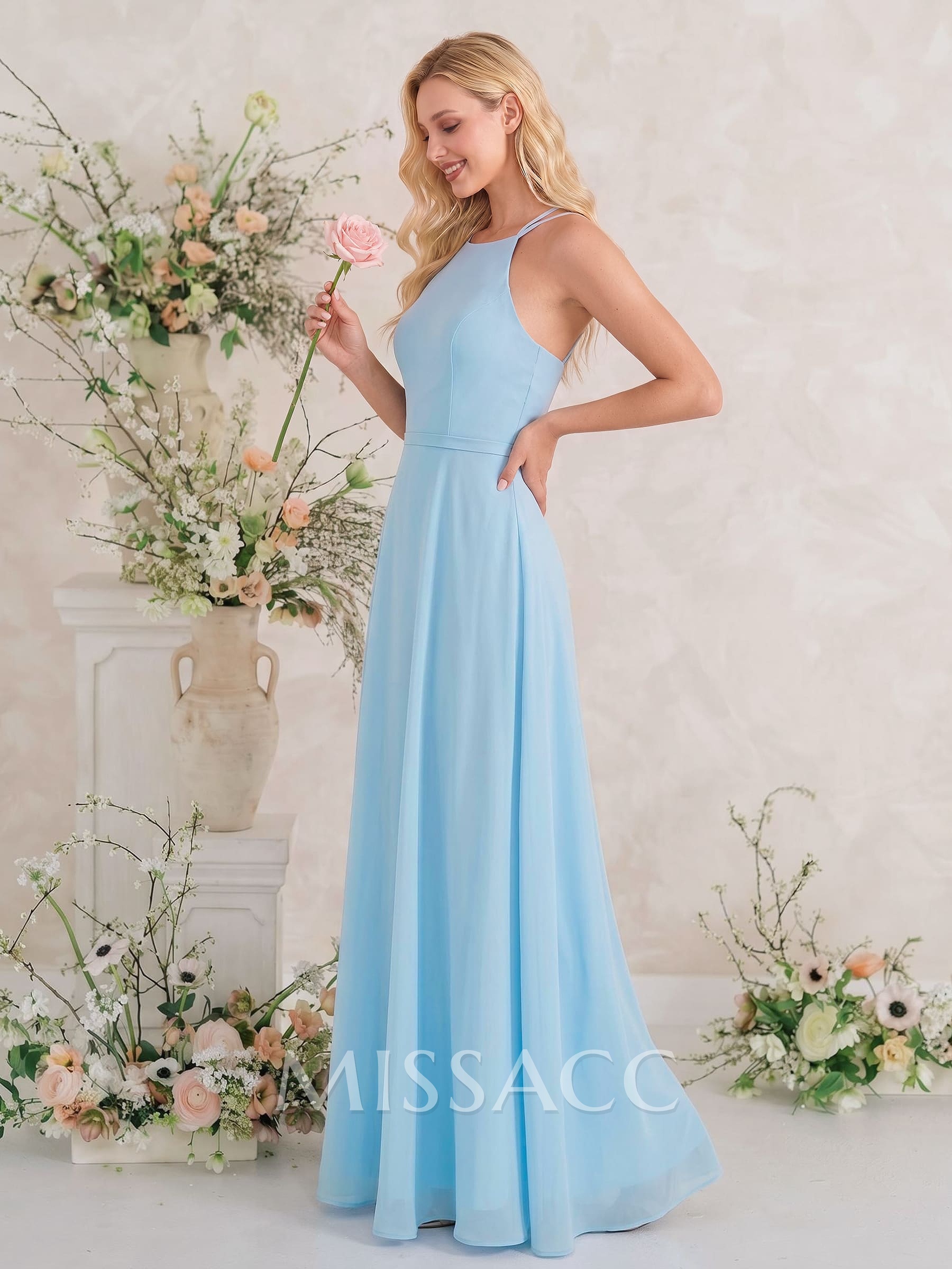A-Line Halter Sleeveless Floor-Length Chiffon Bridesmaid Dresses A-Line Halter Sleeveless Floor-Length Chiffon Bridesmaid Dresses