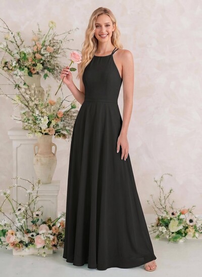 A-Line Halter Sleeveless Floor-Length Chiffon Bridesmaid Dresses
