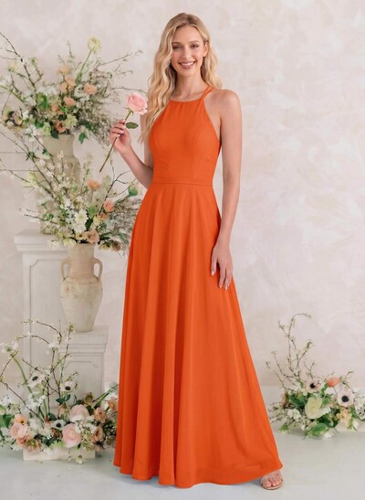 A-Line Halter Sleeveless Floor-Length Chiffon Bridesmaid Dresses