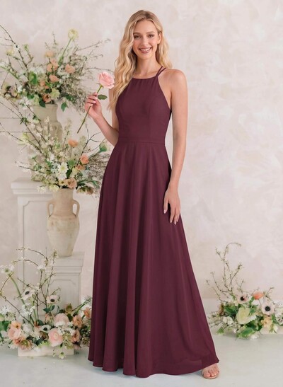 A-Line Halter Sleeveless Floor-Length Chiffon Bridesmaid Dresses