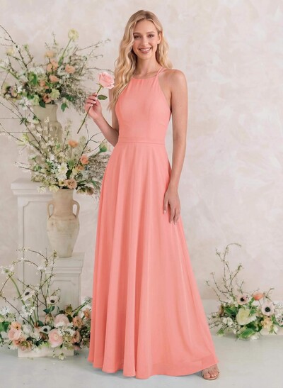 A-Line Halter Sleeveless Floor-Length Chiffon Bridesmaid Dresses