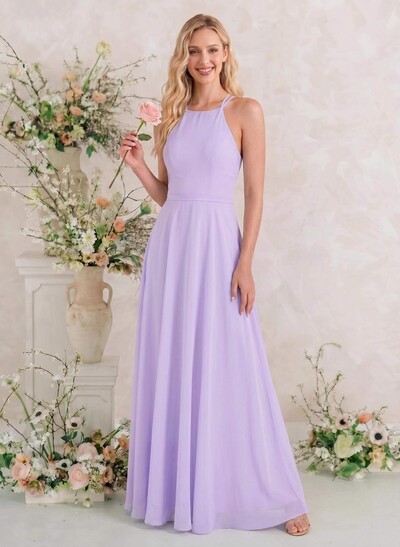 A-Line Halter Sleeveless Floor-Length Chiffon Bridesmaid Dresses