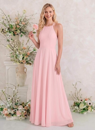 A-Line Halter Sleeveless Floor-Length Chiffon Bridesmaid Dresses