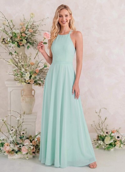 A-Line Halter Sleeveless Floor-Length Chiffon Bridesmaid Dresses