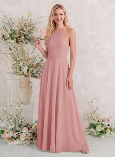 A-Line Halter Sleeveless Floor-Length Chiffon Bridesmaid Dresses