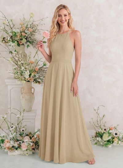 A-Line Halter Sleeveless Floor-Length Chiffon Bridesmaid Dresses