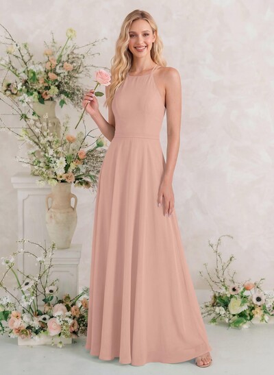 A-Line Halter Sleeveless Floor-Length Chiffon Bridesmaid Dresses