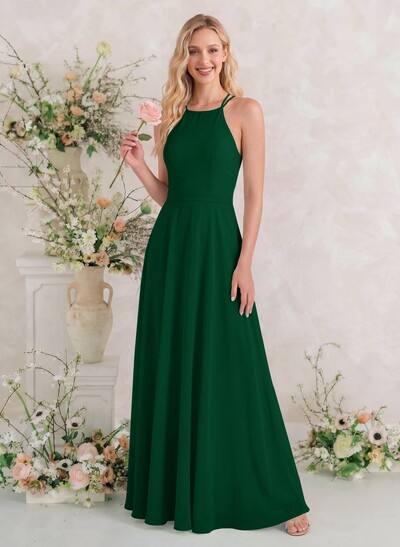 A-Line Halter Sleeveless Floor-Length Chiffon Bridesmaid Dresses
