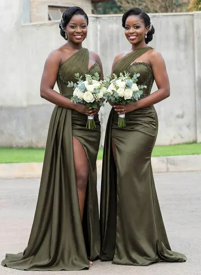 Trumpet/Mermaid Asymmetrical Sweep Train Charmeuse Bridesmaid Dresses With Rhinestone/High Split