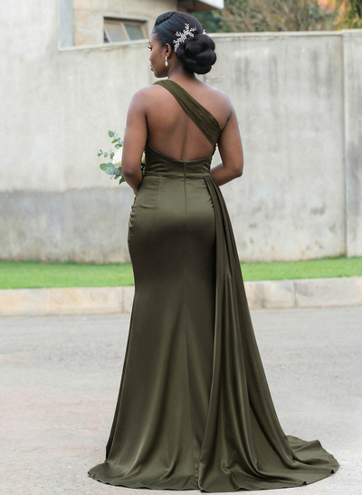 Trumpet/Mermaid Asymmetrical Sweep Train Charmeuse Bridesmaid Dresses With Rhinestone/High Split