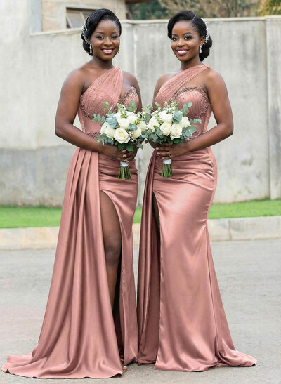 Trumpet/Mermaid Asymmetrical Sweep Train Charmeuse Bridesmaid Dresses With Rhinestone/High Split