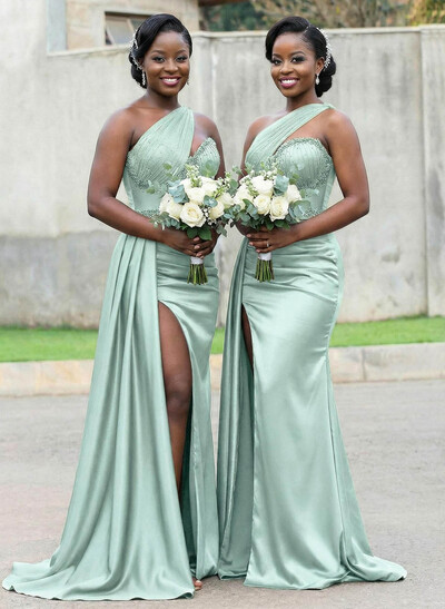 Trumpet/Mermaid Asymmetrical Sweep Train Charmeuse Bridesmaid Dresses With Rhinestone/High Split