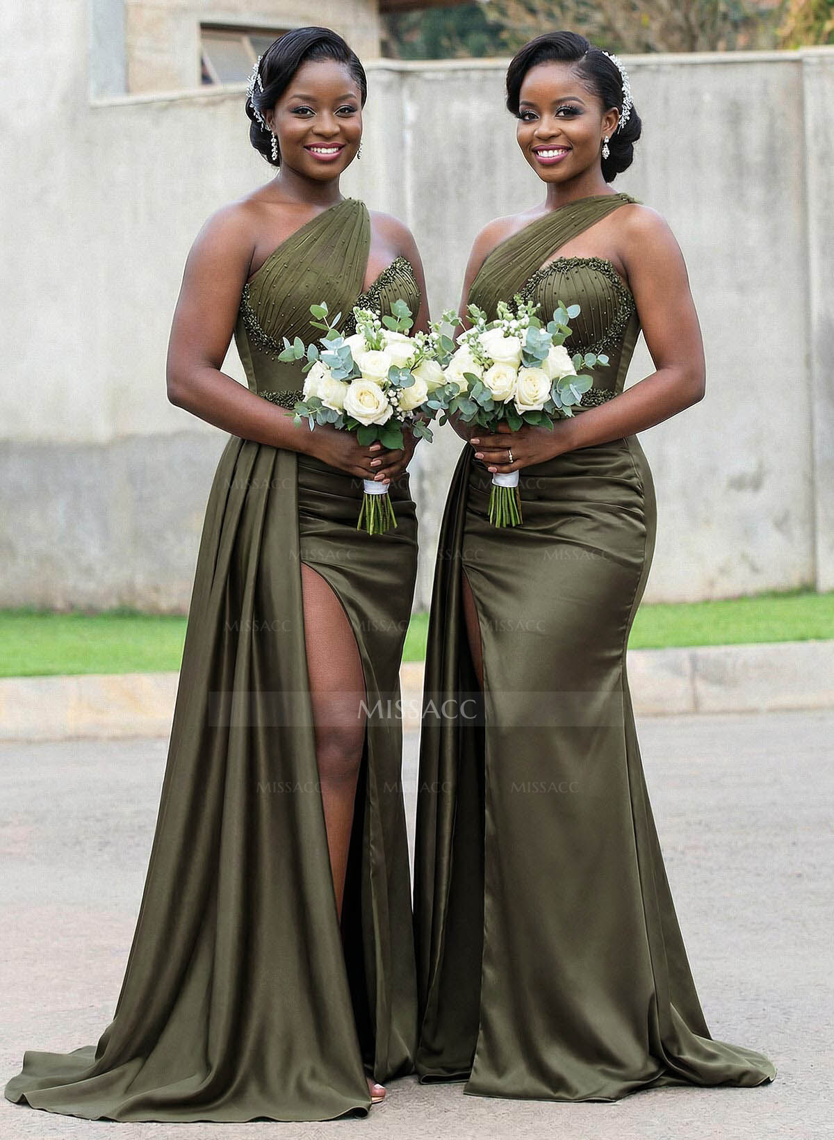 Trumpet/Mermaid Asymmetrical Sweep Train Charmeuse Bridesmaid Dresses With Rhinestone/High Split