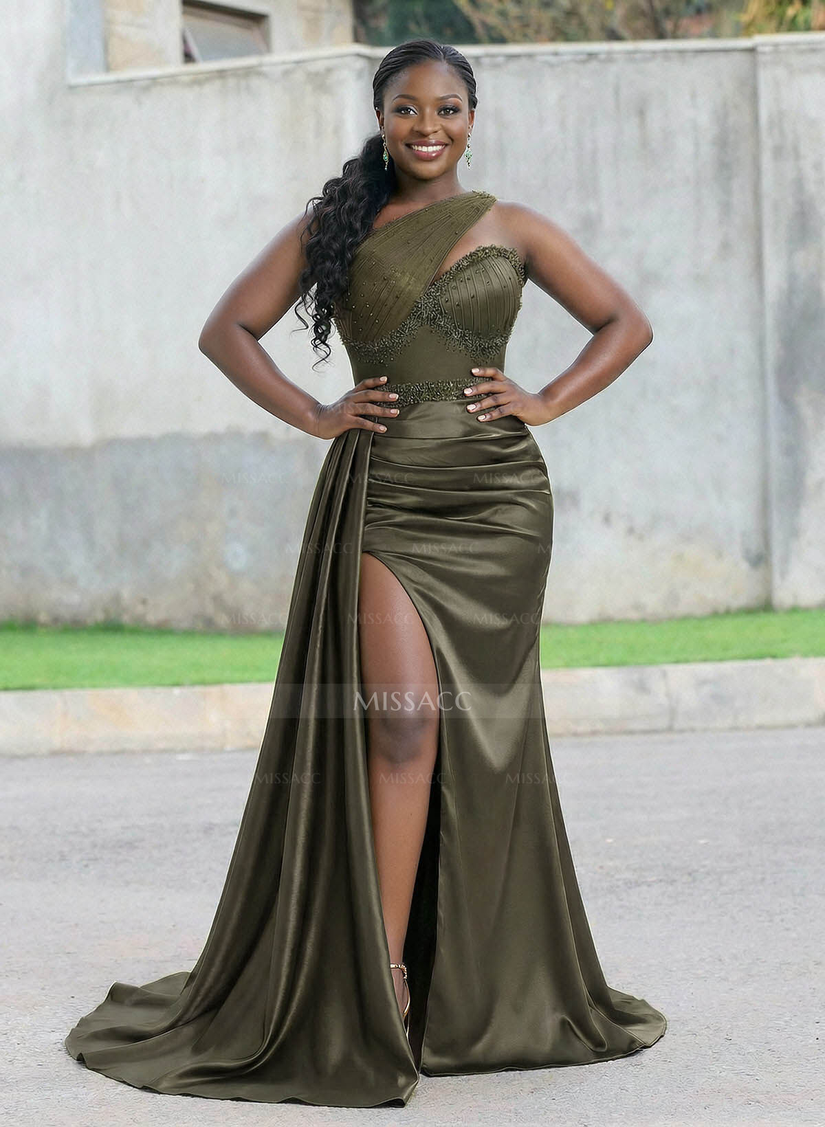 Trumpet/Mermaid Asymmetrical Sweep Train Charmeuse Bridesmaid Dresses With Rhinestone/High Split