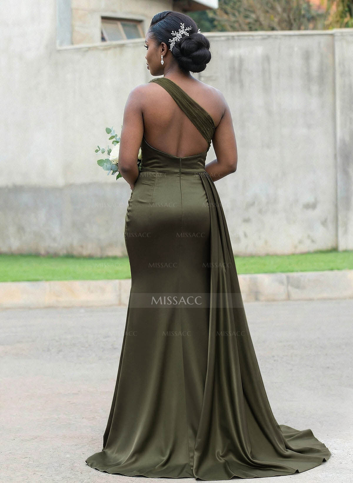 Trumpet/Mermaid Asymmetrical Sweep Train Charmeuse Bridesmaid Dresses With Rhinestone/High Split