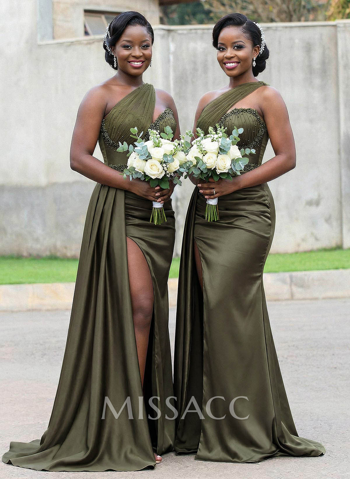 Trumpet/Mermaid Asymmetrical Sweep Train Charmeuse Bridesmaid Dresses With Rhinestone/High Split Trumpet/Mermaid Asymmetrical Sweep Train Charmeuse Bridesmaid Dresses With Rhinestone/High Split