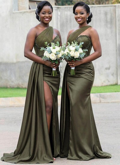 Trumpet/Mermaid Asymmetrical Sweep Train Charmeuse Bridesmaid Dresses With Rhinestone/High Split