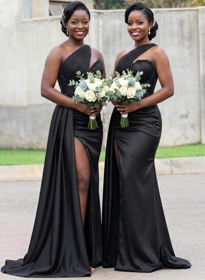 Trumpet/Mermaid Asymmetrical Sweep Train Charmeuse Bridesmaid Dresses With Rhinestone/High Split